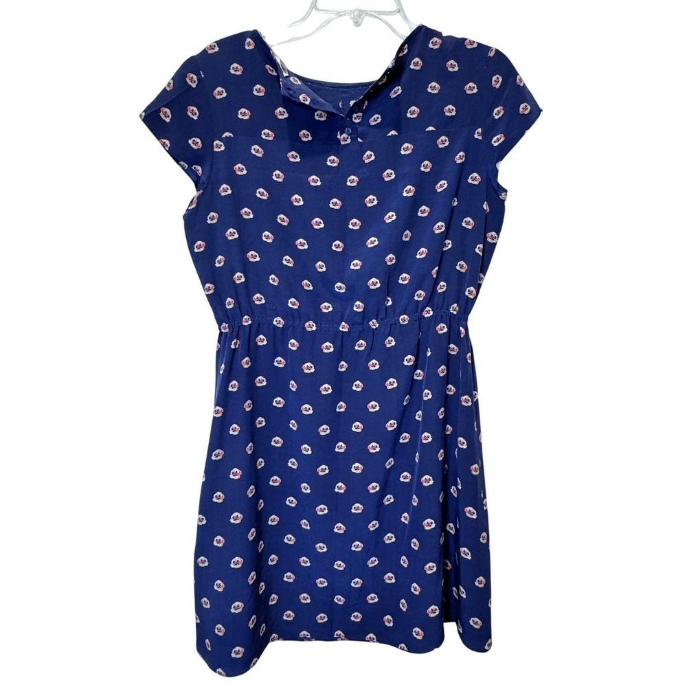 Fossil Navy Blue Silk Women's Small Floral Dress Babydoll Summer Feminine Brunch